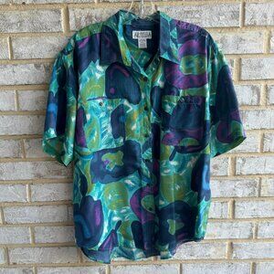 Whistley Vintage 100% Silk Short Sleeve Button Front Abstract Blouse Size L.